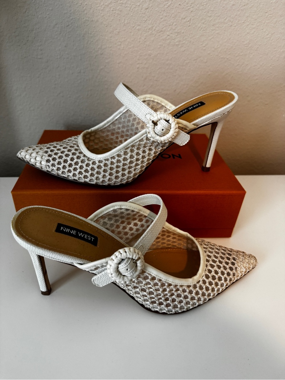 Nine West White Mesh Pointed-Toe Mary Jane Mules